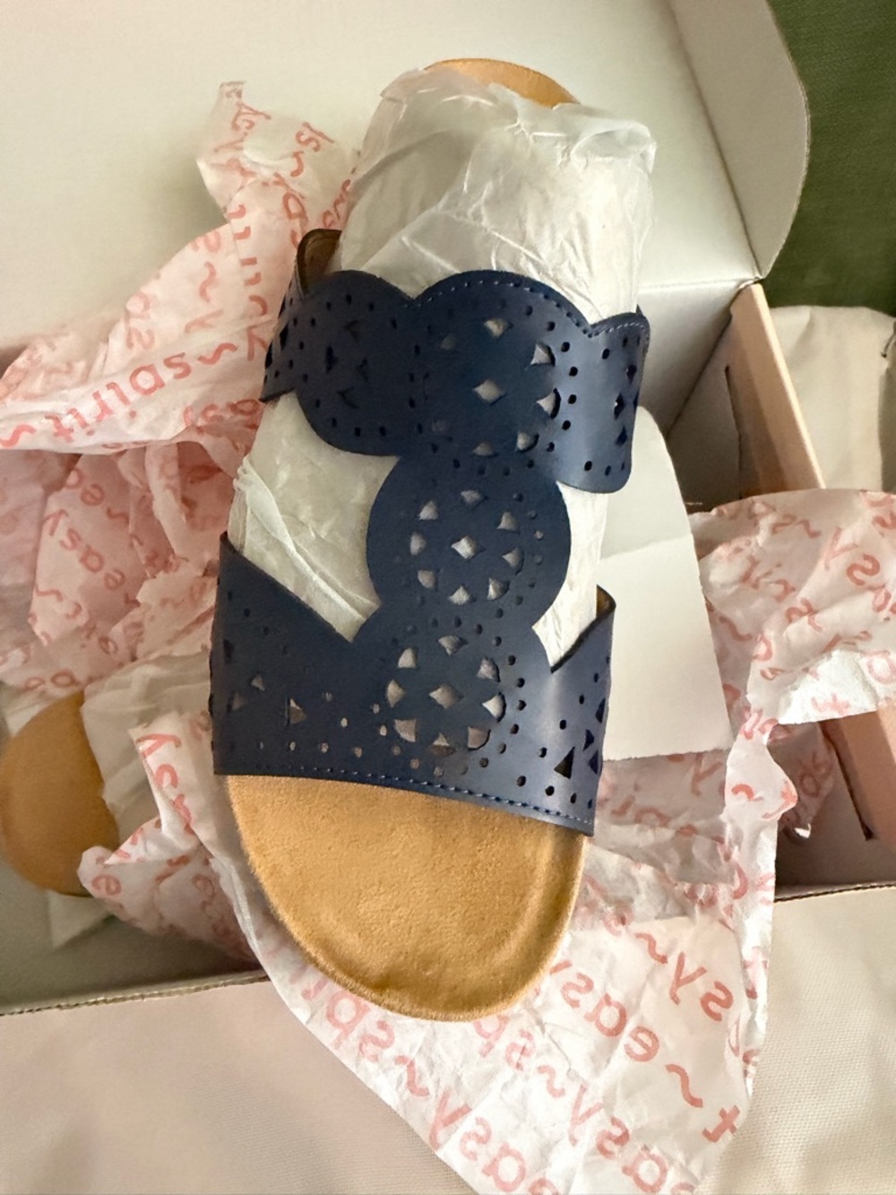Easy Spirit Navy Laser-Cut Double Band Slide Sandal